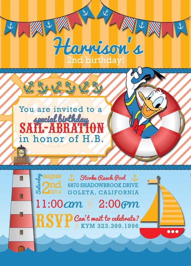Donald Duck Nautical themed birthday party invitation